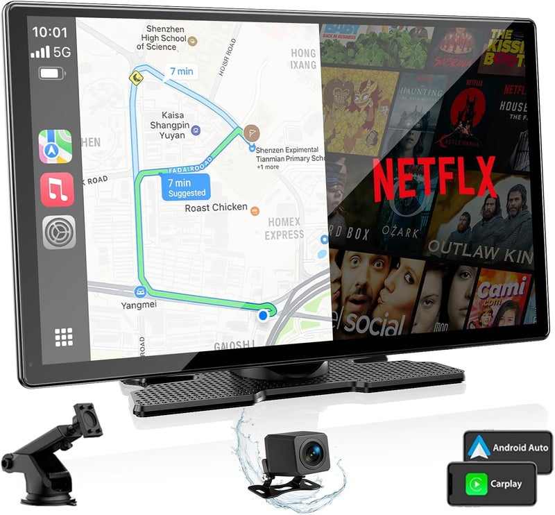 Volam 9'' Carplay Screen with Net-Flix YouTube and AHD Backup Camera Upgraded Wireless Android Auto Screen Portable AI Magic Video Box Built-in Apps Voice Control Car GPS for iOS 10+ Android 11+ - Image 1